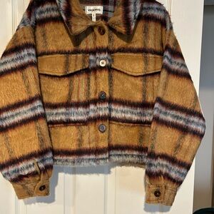 Vigoss Mustard Plaid Faux-Fur Cropped Jacket with Black and White Stripes